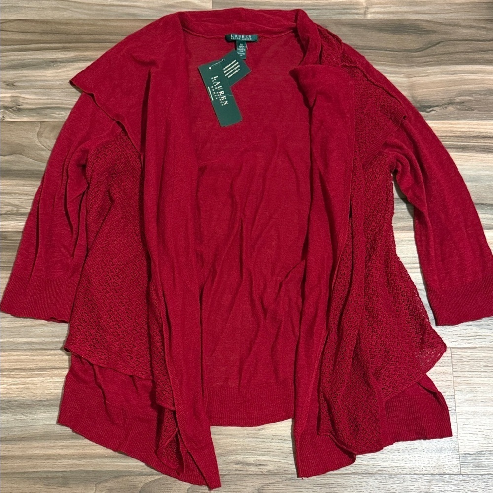 Lauren Ralph Lauren Open Front Red Cardigan Crochet Knit Women's Sz 1X 100%Linen